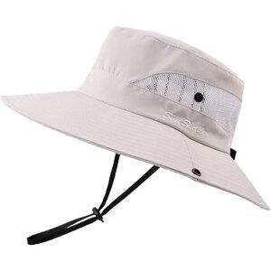 Unisex Beige 100% Polyester Wide Brim Mesh Vent Chin Strap Classic Cowboy Hat
